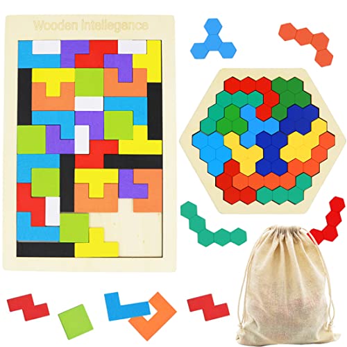 2 Pack Wooden Russian Blocks Puzzle + Hexagon Puzzles for Kids & Adults (2 Count)