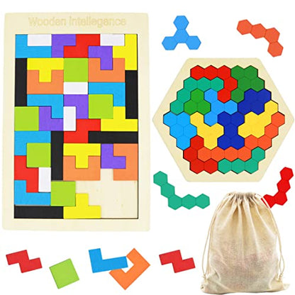 2 Pack Wooden Russian Blocks Puzzle + Hexagon Puzzles for Kids & Adults (2 Count)