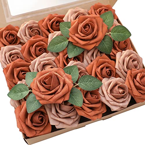 Artificial Flowers 25pcs Real Looking Burnt Orange & Warm Taupe Foam Fake Roses with Stems for DIY Wedding Bouquets Bridal Shower Centerpieces Floral Arrangements Party Tables Home Decorations (33 Count)