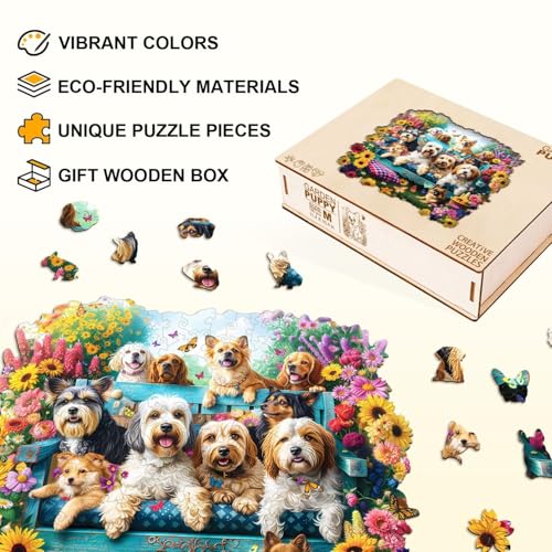Dogs Puzzles Colorful Flowers Spring Garden Scene Sunflowers Puzzle Adults Gifts for Women Men Wooden 190 Pieces 11.4 * 10.4in