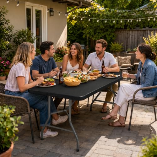 Set of 2 Folding Table 6 FT Lightweight Camping Table Black Portable Plastic Rectangular Outdoor Dining Table Steel Legs Fold (2 Count)