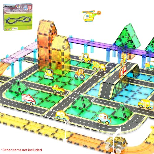 Magnetic Building Tiles Car Track Magnet Vehicle Adventure Theme Printed Street Road Runway Speedway Highway Block Construction Expansion Add (16 Count)