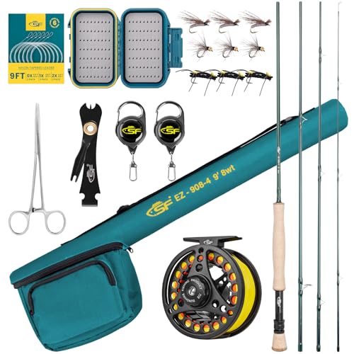 Fly Fishing Rod Combo Starter Kit 4 Piece 8WT 9FT Emerald Green 24T Carbon Fiber Trout Fly Rod with Reel