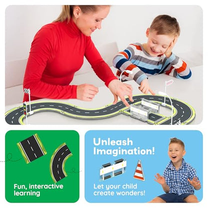 Magnet Tile Building Block Construction Toy Set Street Sign Traffic Kit Highway Road Race Track with Bumper Barricade Accessory Sticker Education Magnetic Tiles Kids Age 3+ PTR03