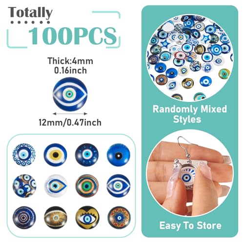 100Pcs 12mm Evil Eye Glass Cabochons for Jewelry Making (100 Count)