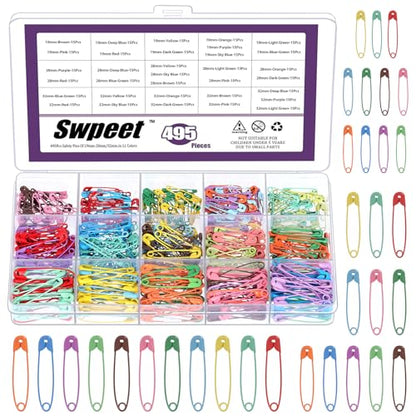 495Pcs 3 Sizes 19mm 28mm 32mm Colorful Safety Pins Assortment Kit