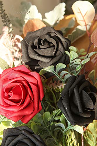 Artificial Flowers 25pcs Real Looking Black Foam Fake Roses with Stems for DIY Wedding Bouquets Centerpieces Arrangements Party Tables Home Halloween Decorations (25 Count)