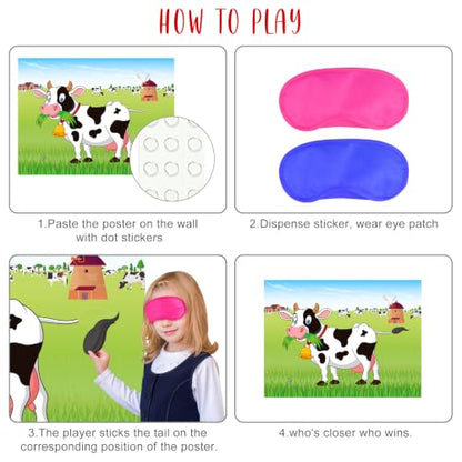 Pin The Tail on The Cow Game with 30 Tail Stickers for Farm Birthday Supplies Pin Game
