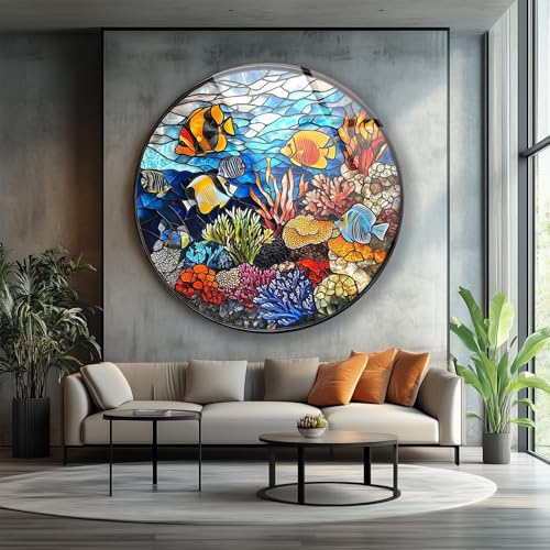 10''(25cm) Diameter Coral Reef Mosaic Round Glass Wall Art Tempered Glass Printing Wall Decor Large Wall Art Wall Hangings