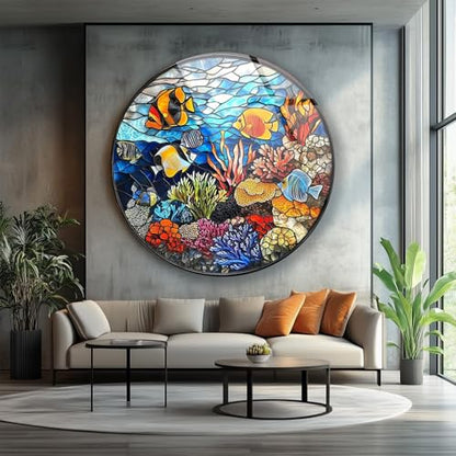 15.8''(40cm) Diameter Coral Reef Mosaic Round Glass Wall Art Tempered Glass Printing Wall Decor Large Wall Art Wall Hangings