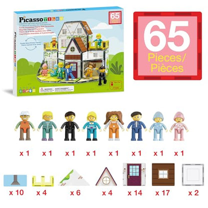 Magnet Tile Building Block Family Homestead Doll House Theme Playset 8 Character Action Figures Double Sided Magnetic Tiles Printing STEM Education Learning Kit Toy Set Kids Ages 3+ PTQ06 (5 Count)