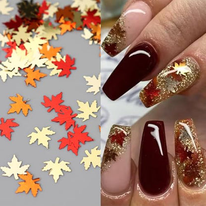 Thanksgiving Glitters Nails Sequins Fall Nail Glitter Sequins Autumn Maple Leaf Flakes Design Nails Charms Holographic Mixed Color 3D Confetti Nails Glitter for Women (2 Ounce)