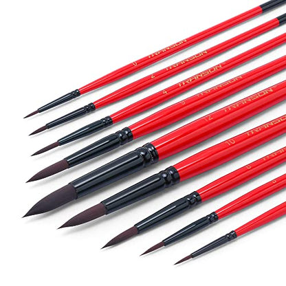 Round Paint Brush Set 9pcs Synthetic Sable Hair for Acrylic Painting Watercolor Painting Gouache Ink Craft and Detail Painting (9 Count)