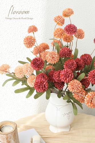 9pcs Dark Red Burnt Orange Mix Faux Silk Mums Artificial Flowers (9 Count)