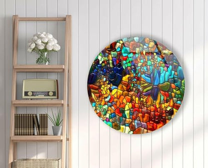 39,4''(100cm) Diameter Red Mosaic Round Glass Wall Art Tempered Glass Printing Wall Decor Large Wall Art Wall Hangings