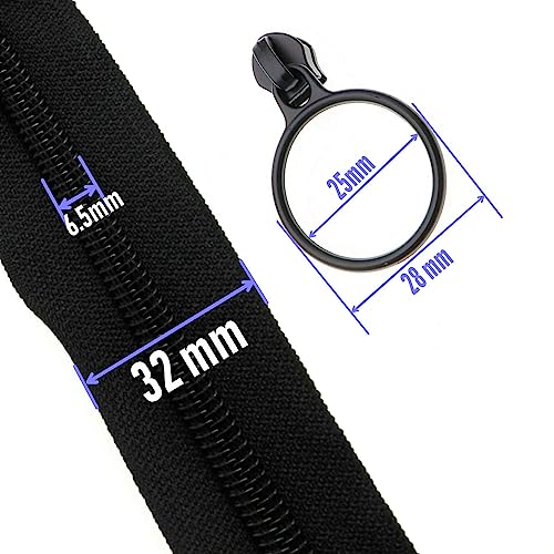 5 Black Nylon Coil Zippers by The Yards Bulk 10 Yards with 25pcs Black Ring Pull Sliders for DIY Tailor Sewing Craft