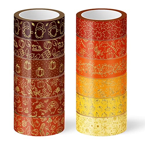 12 Rolls Fall Washi Tapes Foil Gold Decorative Tape Autumn Gnome Pumpkin Fall Leaves Turkey Patterned Masking Tape for Fall Thanksgiving Scrapbook Journal DIY Craft Gift Wrapping (12 Count)