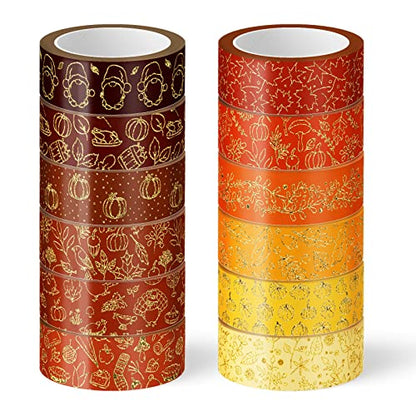 12 Rolls Fall Washi Tapes Foil Gold Decorative Tape Autumn Gnome Pumpkin Fall Leaves Turkey Patterned Masking Tape for Fall Thanksgiving Scrapbook Journal DIY Craft Gift Wrapping (12 Count)