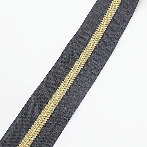 5 Gold Metallic Nylon Coil Zippers by The Yard Bulk 10 Yards Black Tape with 25pcs Gold Sliders for DIY Sewing Tailor Craft Bag