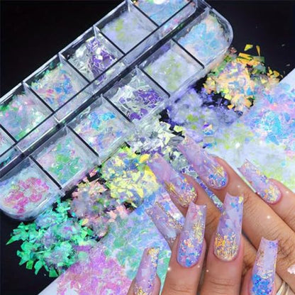 12 Colors Holographic Glitter Nail Art Sequins Aurora Iridescent Nail Flakes Glitter Chameleon Flakes Irregular Ice Slag Glass Paper Ultra Thin Mermaid Nail Glitter for Nail Art Make
