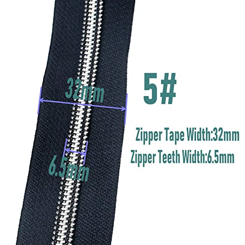 5 Silver Metallic Nylon Coil Zippers by The Yard Bulk 10 Yards Zipper Tape with 25pcs Silver Sliders for DIY Sewing Tailor Craft Bag