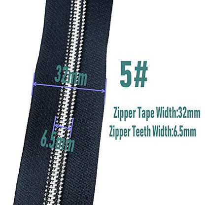 5 Silver Metallic Nylon Coil Zippers by The Yard Bulk 10 Yards Zipper Tape with 25pcs Silver Sliders for DIY Sewing Tailor Craft Bag
