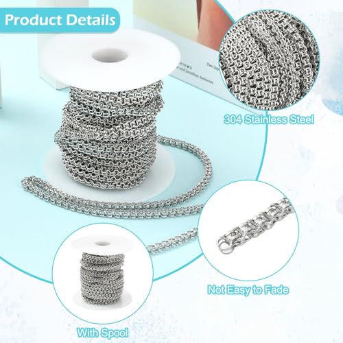 16.4 Feet(5m) 304 Stainless Steel Cross Chain Unfinished Cable Chains Link with Spool Roll Stainless Steel Chain Bulk for Jewelry Making - 3.2mm