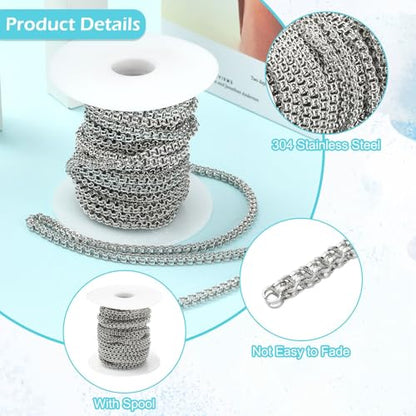 16.4 Feet(5m) 304 Stainless Steel Cross Chain Unfinished Cable Chains Link with Spool Roll Stainless Steel Chain Bulk for Jewelry Making - 3.2mm