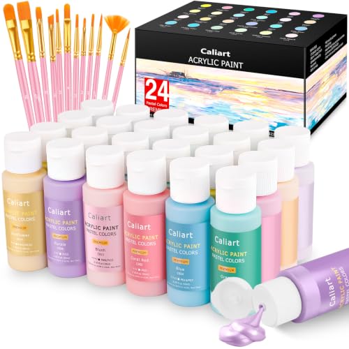 24 Colors Pastel Acrylic Paint Set with 12 Brushes (48 Fl Oz)