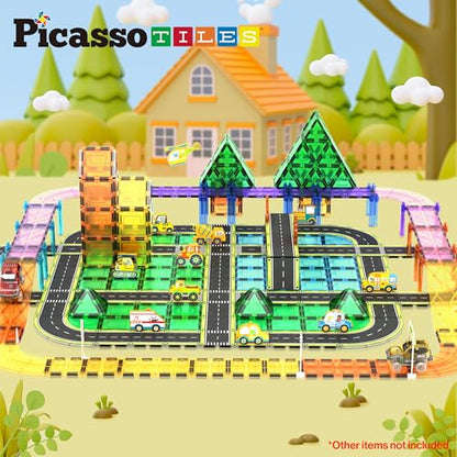 Magnetic Building Tiles Car Track Magnet Vehicle Adventure Theme Printed Street Road Runway Speedway Highway Block Construction Expansion Add (16 Count)