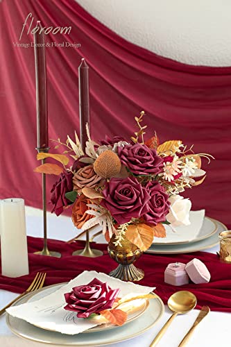 Artificial Flowers 16pcs 3.5" Real Looking Burgundy Foam Fake Hybrid Tea Roses with Stems for DIY Red Wedding Bouquets Bridal Shower Centerpieces Floral Arrangements Party Tables Decoration (24 Count)