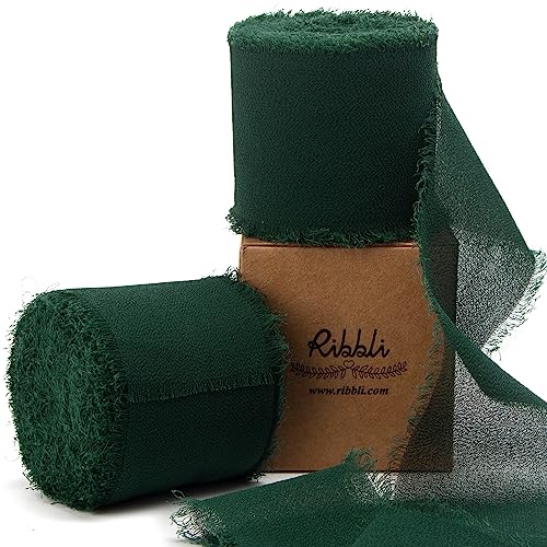 Forest Green Chiffon Ribbon 2 Inch x 20 Yard Handmade Fringe Chiffon Silk Ribbon Green Ribbon for Gifts Wrapping (60 Foot)