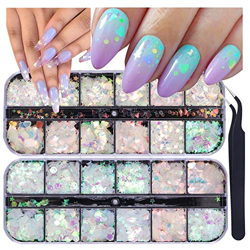 24 Grids Holographic Nail Sequins and 1 Pcs Tweezers