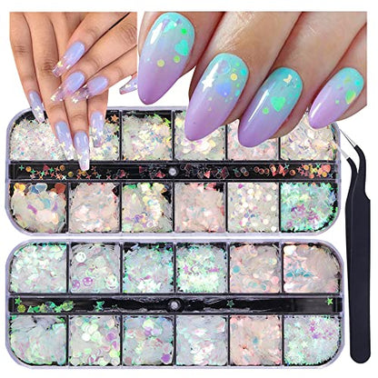 24 Grids Holographic Nail Sequins and 1 Pcs Tweezers
