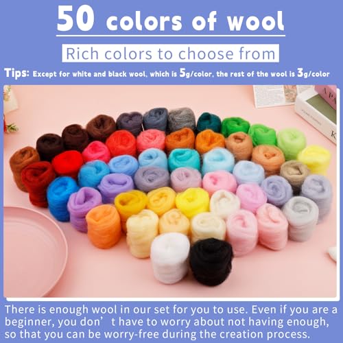 50 Colors Needle Felting Wool 5.4 Oz Wool Roving Yarn for Beginners