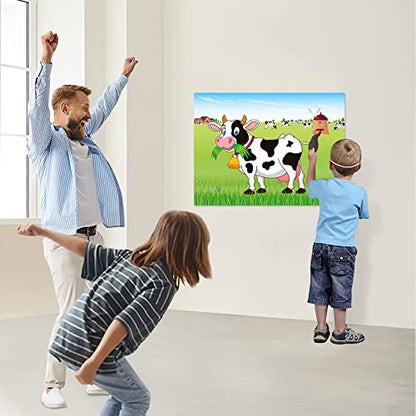 Pin The Tail on The Cow Game with 30 Tail Stickers for Farm Birthday Supplies Pin Game