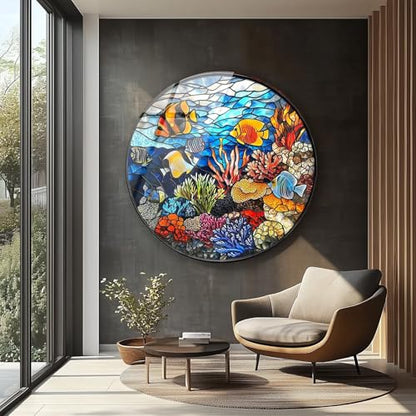 10''(25cm) Diameter Coral Reef Mosaic Round Glass Wall Art Tempered Glass Printing Wall Decor Large Wall Art Wall Hangings