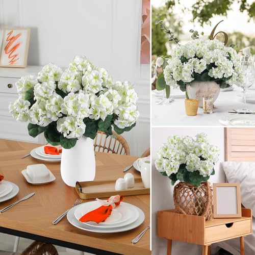 12 Pcs Artificial Geranium Flowers for Outdoors Geranium White Silk Flowers Outdoor UV Resistant Garden Plants Faux Flowers for Home Kitchen Table Centerpieces Decor