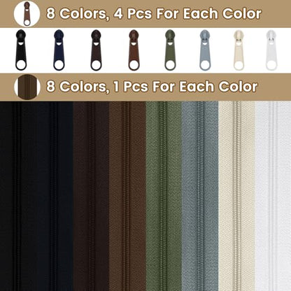 24 Yards 8 Pieces Sewing Zippers #3 Nylon Coil Zippers Assorted Zipper for Sewing with 32 Zipper Sliders for DIY Tailor Sewing Crafts Supplies (8 Count)