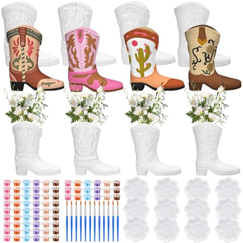 12 Set Cowboy Plaster Boot Vases Ceramics to Paint Ready to Paint DIY Unpainted Plaster Paintable Kit Contains Four Different Styles of Vases with Brush Palette for Adults (12 Count)