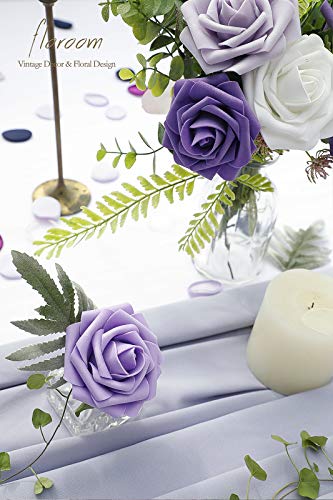 Artificial Flowers 25pcs Real Looking Violet Purple Ombre Colors Foam Fake Roses with Stems for DIY Wedding Bouquets Bridal Shower Centerpieces Party Tables Home Decorations (25 Count)
