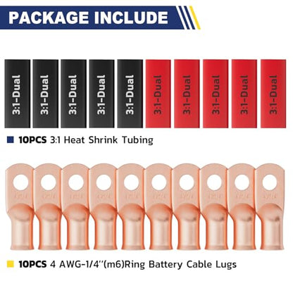 20PCS Battery Cable Lug & Heat Shrink Kit 4 AWG 1