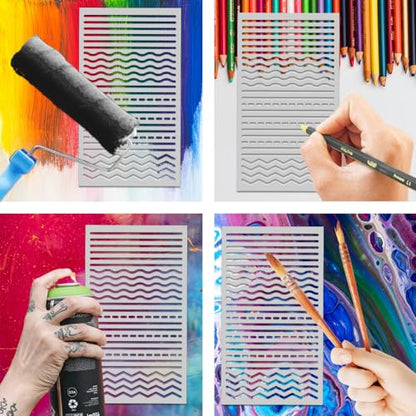 Soft Multiple Useful Line Metal Stencils for Painting Straight Line Stencil Template for DIY Crafts Wavy Line Broken Dotted Line for Painting on Wood Wall Scrapbooking Diary Furniture Decor 4''*7''