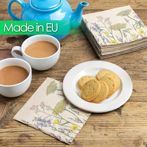 Table Kind 100 x Soft Recycled Floral Napkins Wildflower Soft Paper Napkins Pretty Wild Flower Serviettes for Spring Eco Friendly (100 Count)