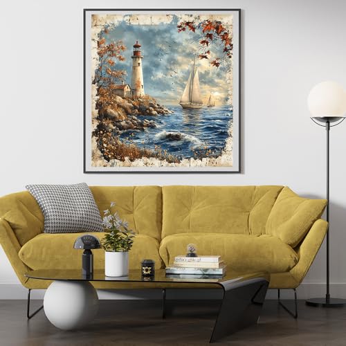 14ct Counted Cross Stitch Kits for Adults Seaside Tower Boat Printed Stamped Cross Stitch Patterns Kits Cross Stitch Supplies