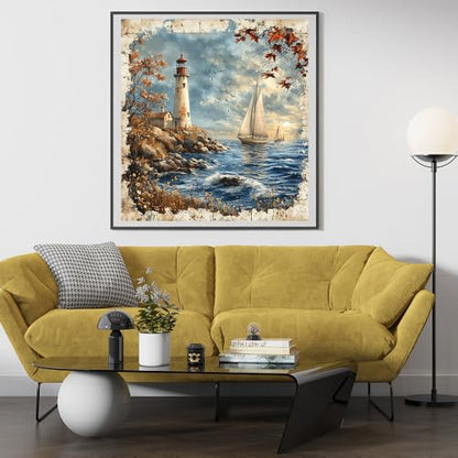 14ct Counted Cross Stitch Kits for Adults Seaside Tower Boat Printed Stamped Cross Stitch Patterns Kits Cross Stitch Supplies