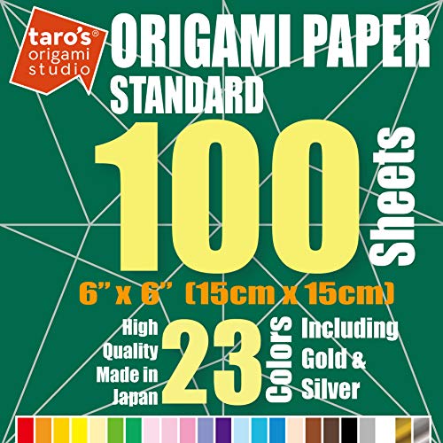 Taro's Origami Studio] Standard 6 Inch One Sided 23 Colors 100 Sheets Square Easy Fold Premium Japanese Paper for Beginner