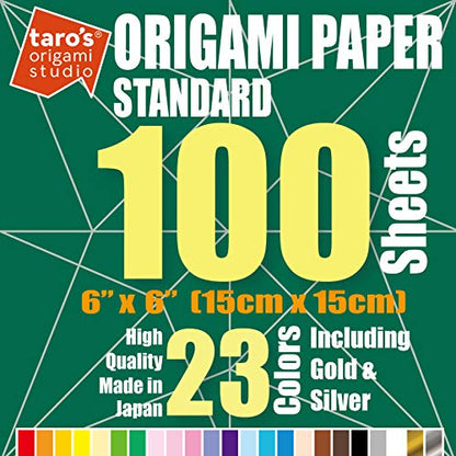 Taro's Origami Studio] Standard 6 Inch One Sided 23 Colors 100 Sheets Square Easy Fold Premium Japanese Paper for Beginner