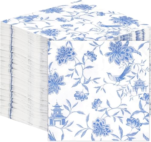 100 X Blue Floral Paper Napkins Disposable Blue Chinoiserie Napkins (100 Count)