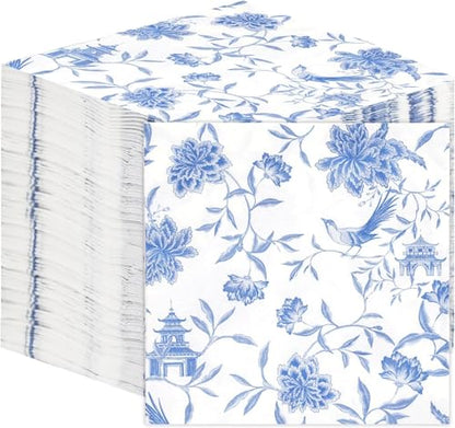 100 X Blue Floral Paper Napkins Disposable Blue Chinoiserie Napkins (100 Count)
